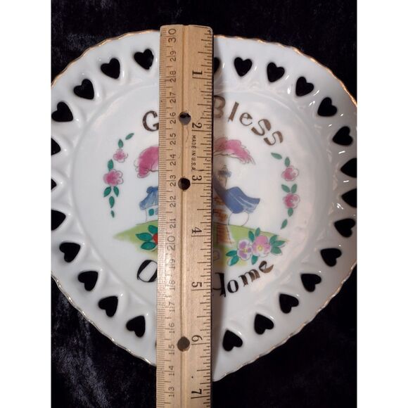 Vtg God Bless Our‎ Home Granny Cottagecore Heart Shape Gold Edge Christian Plate - Picture 3 of 5